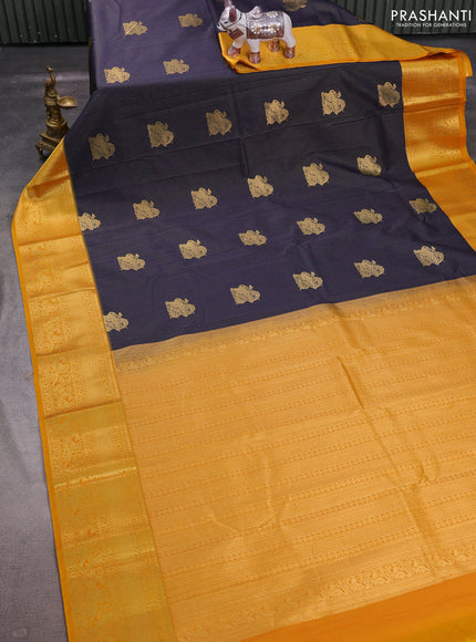 Navy Blue & Yellow Semi Kanchipuram Silk - Korvai