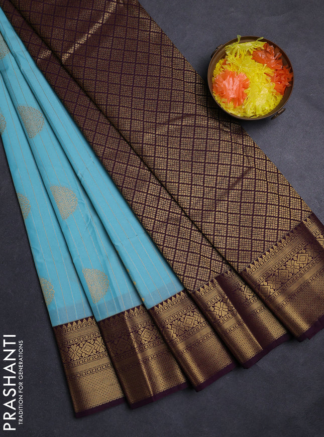 Teal Blue & Wine Semi Kanchipuram Silk - Korvai