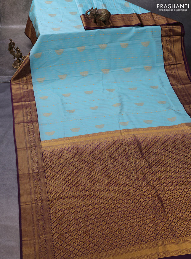 Teal Blue & Wine Semi Kanchipuram Silk - Korvai