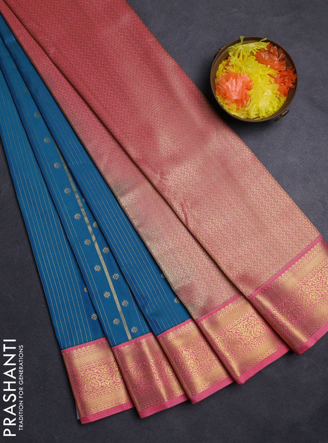 Teal Blue & Peach Pink Semi Kanchipuram Silk - Korvai