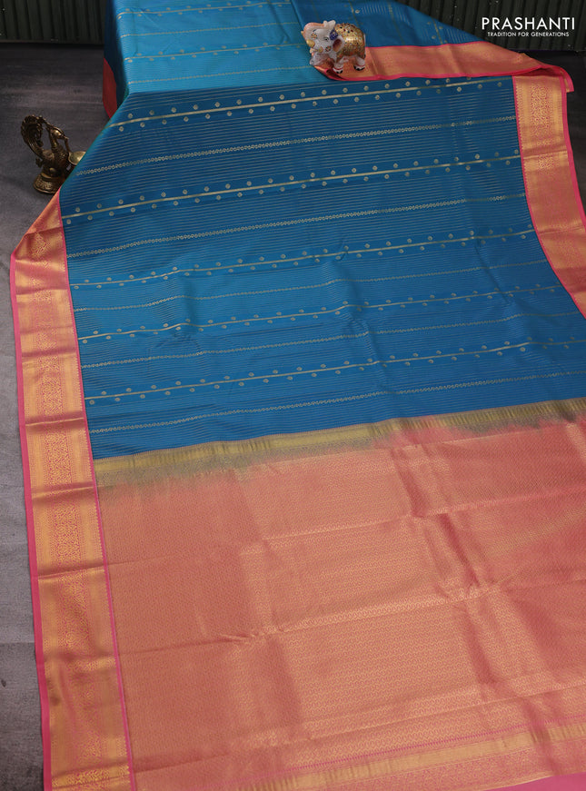 Teal Blue & Peach Pink Semi Kanchipuram Silk - Korvai