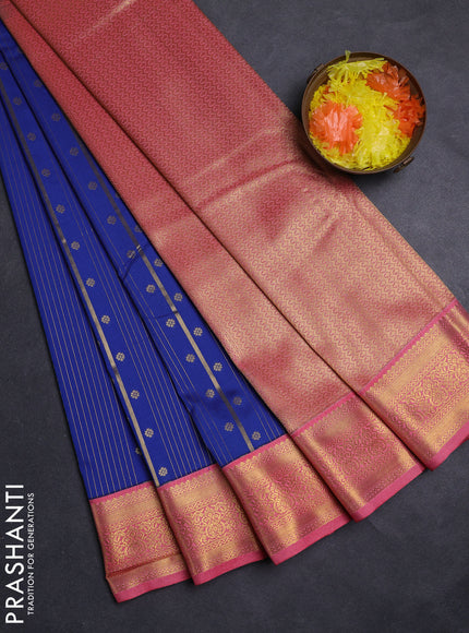 Blue & Peach Pink Semi Kanchipuram Silk - Korvai