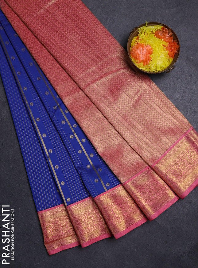 Blue & Peach Pink Semi Kanchipuram Silk - Korvai