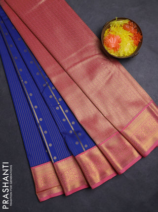 Blue & Peach Pink Semi Kanchipuram Silk - Korvai