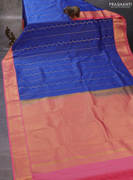 Blue & Peach Pink Semi Kanchipuram Silk - Korvai
