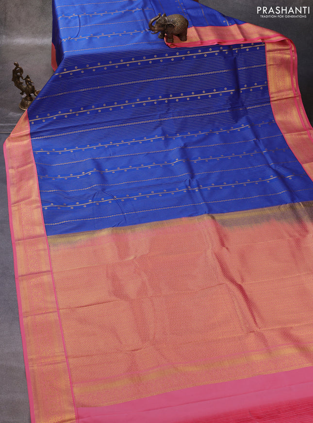 Blue & Peach Pink Semi Kanchipuram Silk - Korvai