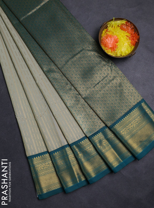 Pastel Green & Teal Green Semi Kanchipuram Silk - Korvai