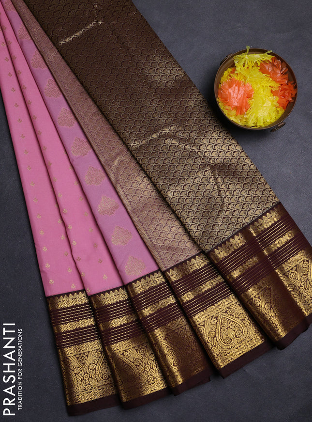 Peach Pink & Coffee Brown Semi Kanchipuram Silk - Korvai