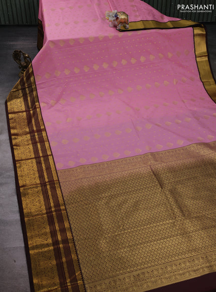 Peach Pink & Coffee Brown Semi Kanchipuram Silk - Korvai