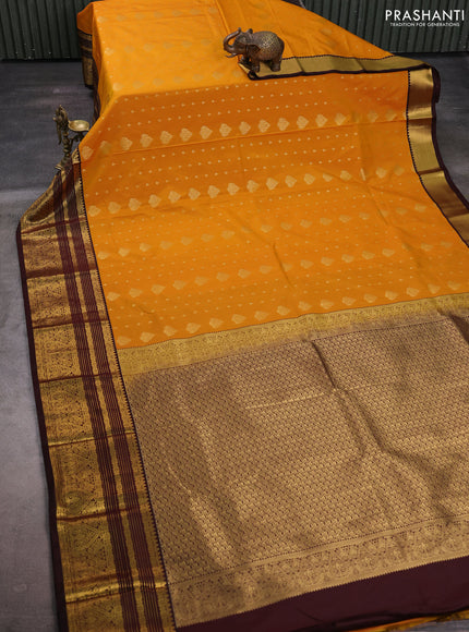 Mustard Yellow & Coffee Brown Semi Kanchipuram Silk - Korvai