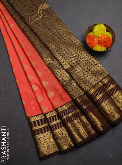 Peach Orange & Coffee Brown Semi Kanchipuram Silk - Korvai