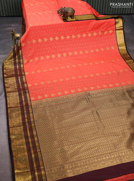 Peach Orange & Coffee Brown Semi Kanchipuram Silk - Korvai