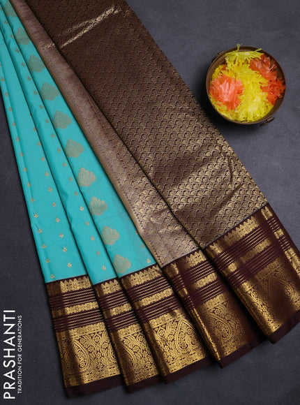Teal Blue & Coffee Brown Semi Kanchipuram Silk - Korvai