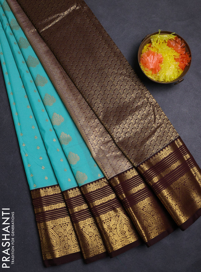 Teal Blue & Coffee Brown Semi Kanchipuram Silk - Korvai
