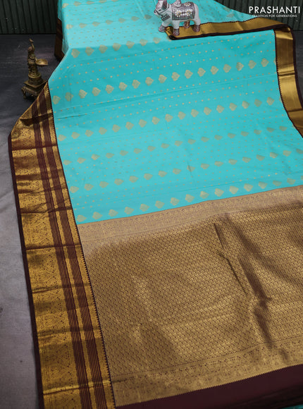Teal Blue & Coffee Brown Semi Kanchipuram Silk - Korvai