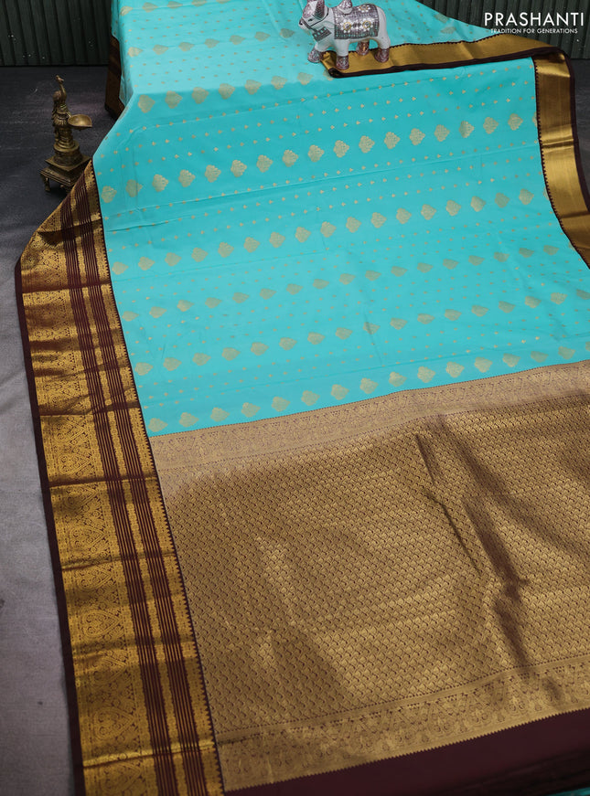 Teal Blue & Coffee Brown Semi Kanchipuram Silk - Korvai
