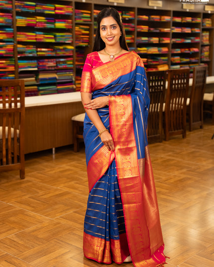 Blue & Pink Semi Kanchipuram Silk - Korvai