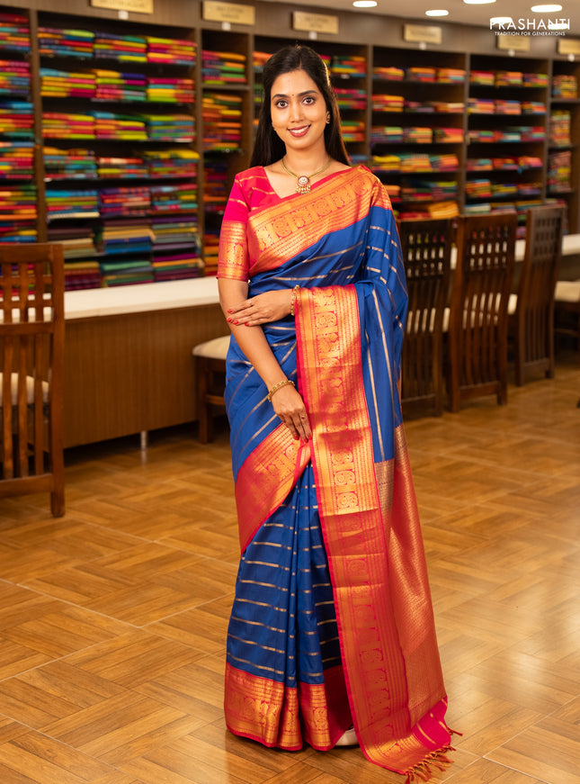 Blue & Pink Semi Kanchipuram Silk - Korvai