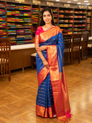 Blue & Pink Semi Kanchipuram Silk - Korvai