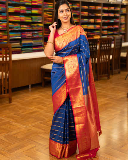 Blue & Pink Semi Kanchipuram Silk - Korvai