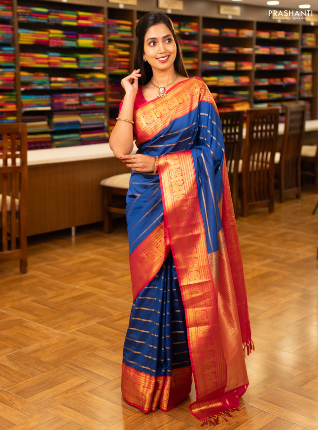 Blue & Pink Semi Kanchipuram Silk - Korvai