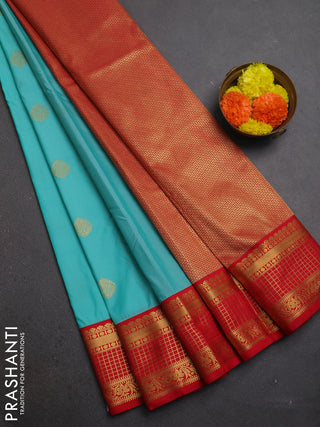 Teal Blue & Red Semi Kanchipuram Silk - Korvai