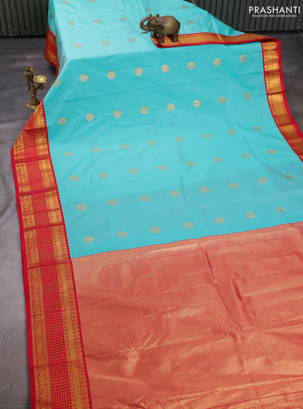 Teal Blue & Red Semi Kanchipuram Silk - Korvai