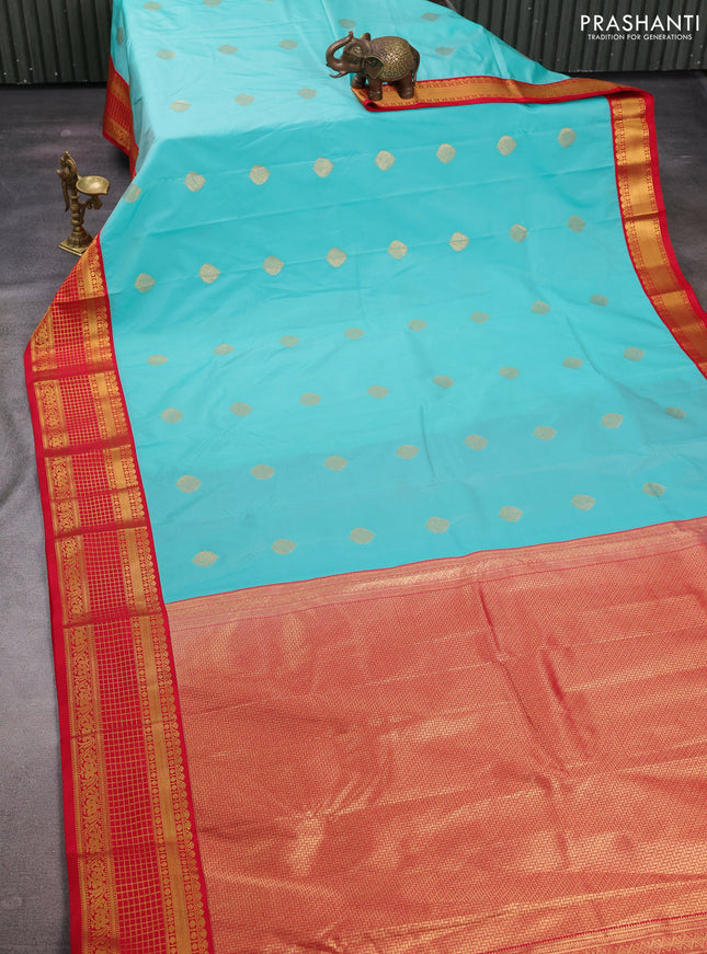 Teal Blue & Red Semi Kanchipuram Silk - Korvai