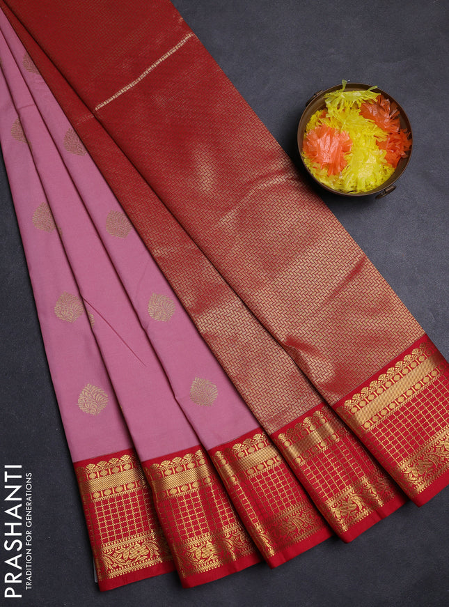 Peach Pink & Red Semi Kanchipuram Silk - Korvai