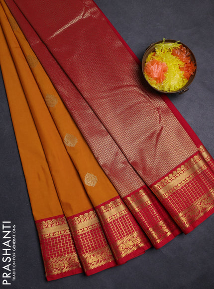 Mustard Yellow & Red Semi Kanchipuram Silk - Korvai