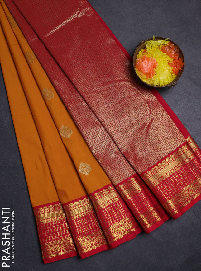 Mustard Yellow & Red Semi Kanchipuram Silk - Korvai