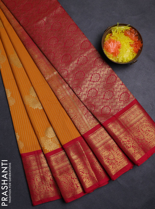 Mustard Yellow & Pink Semi Kanchipuram Silk - Korvai