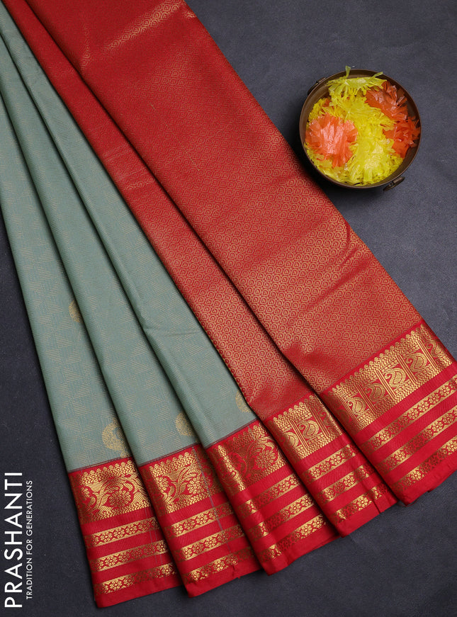 Pastel Green & Red Semi Kanchipuram Silk - Korvai
