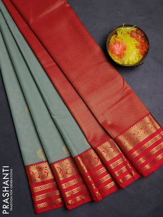 Pastel Green & Red Semi Kanchipuram Silk - Korvai