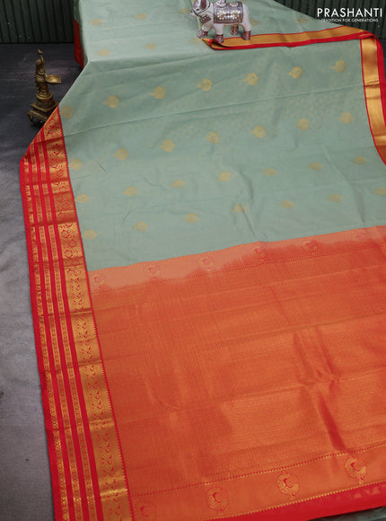 Pastel Green & Red Semi Kanchipuram Silk - Korvai