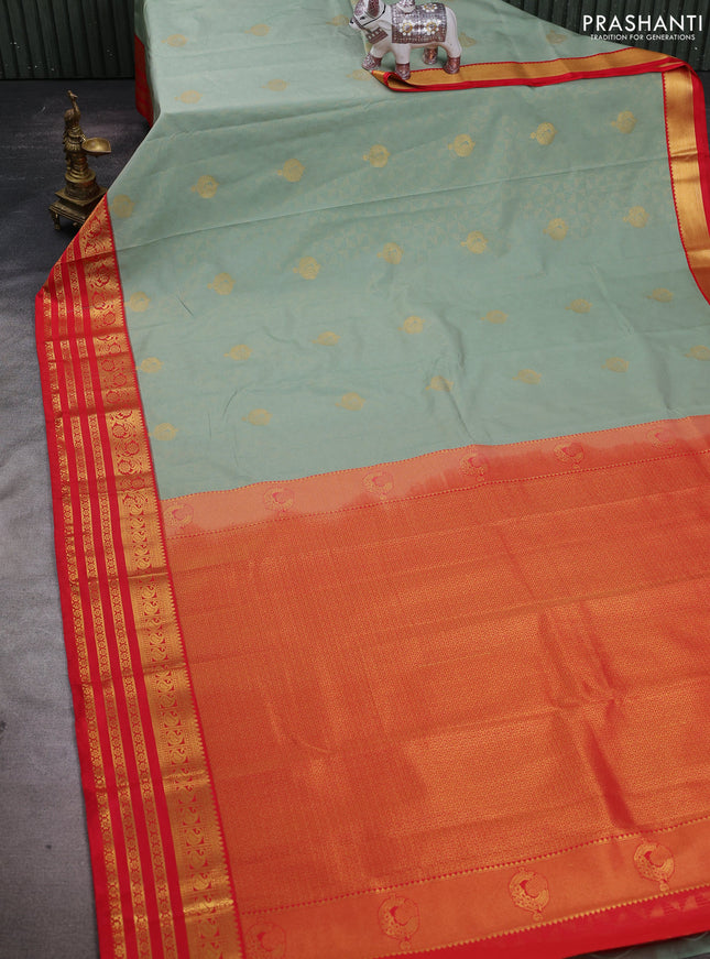 Pastel Green & Red Semi Kanchipuram Silk - Korvai