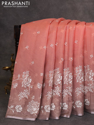 Peach & Grey Ombre Kota Embroidery Saree - Printed Blouse