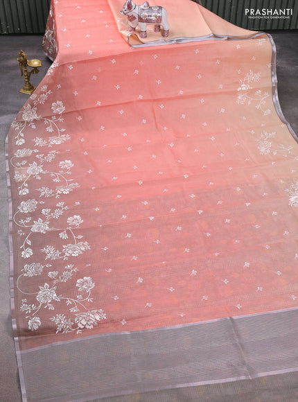 Peach & Grey Ombre Kota Embroidery Saree - Printed Blouse