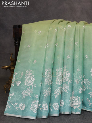 Pista Green & Teal Ombre Kota Embroidery Saree - Printed Blouse