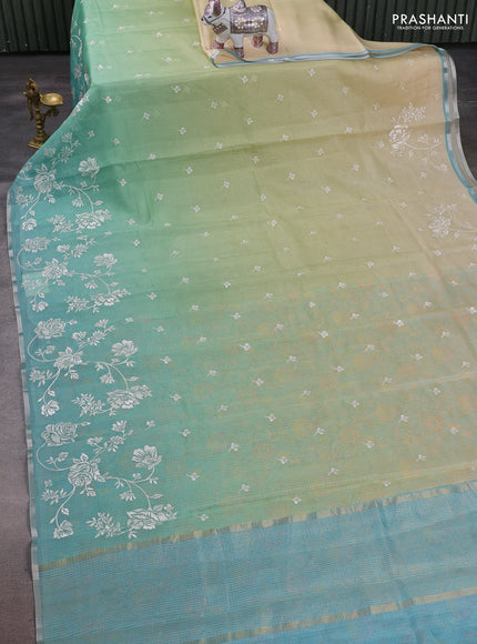 Pista Green & Teal Ombre Kota Embroidery Saree - Printed Blouse