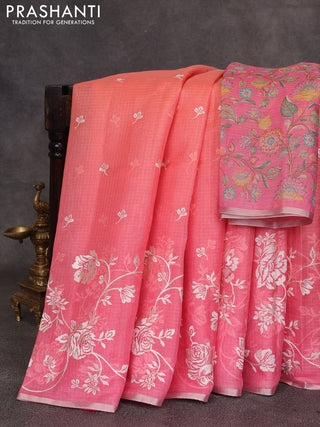 Peach & Pink Ombre Kota Embroidery Saree - Printed Blouse