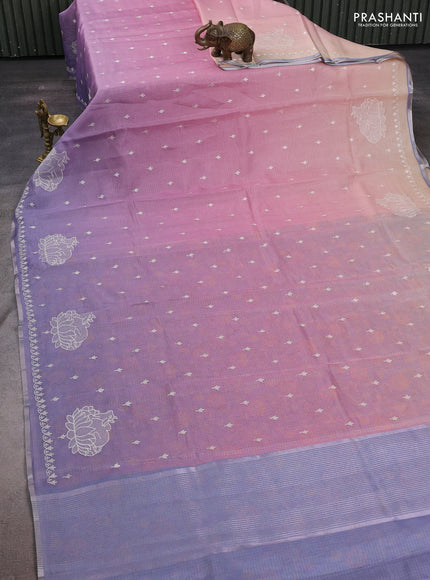 Baby Pink Ombre Kota Embroidery Saree - Printed Blouse