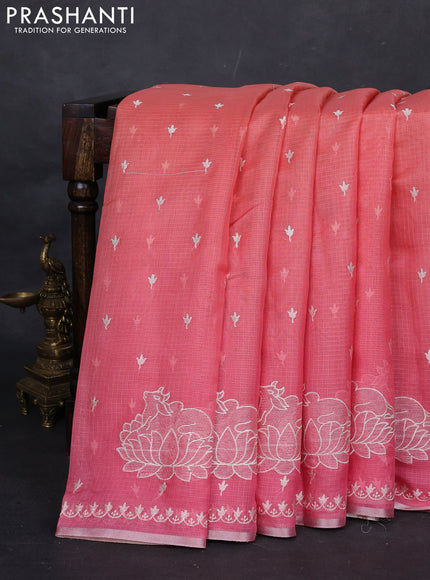 Peach Ombre Kota Embroidery Saree - Printed Blouse