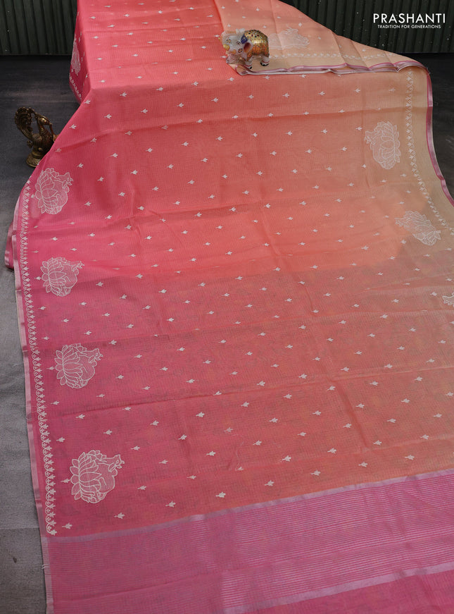 Peach Ombre Kota Embroidery Saree - Printed Blouse