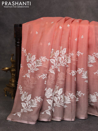 Peach Orange & Grey Kota Embroidery Saree - Printed Blouse