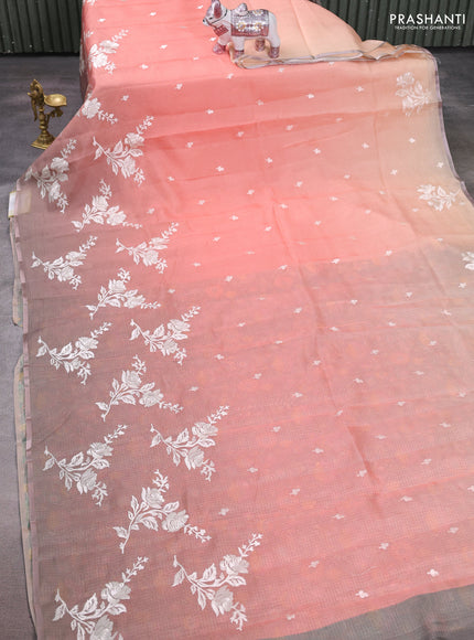 Peach Orange & Grey Kota Embroidery Saree - Printed Blouse