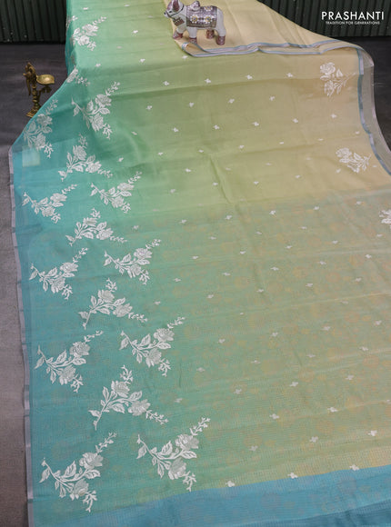 Pista Green & Teal Ombre Kota Embroidery Saree - Printed Blouse