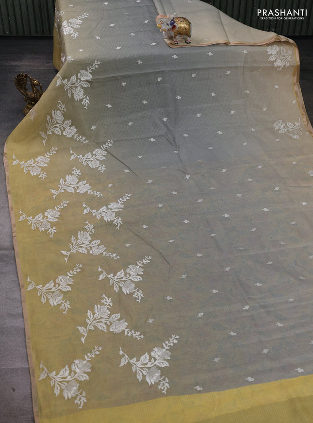 Grey Ombre Kota Embroidery Saree - Printed Blouse