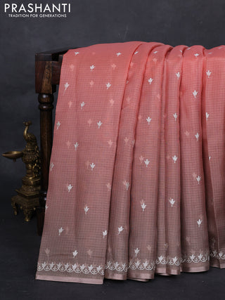 Peach Orange & Grey Ombre Kota Embroidery Saree - Printed Blouse