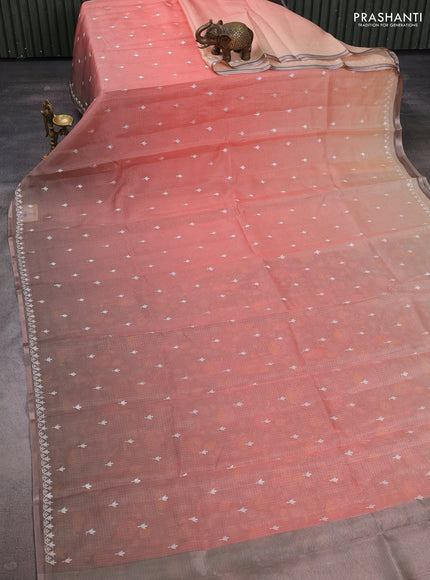 Peach Orange & Grey Ombre Kota Embroidery Saree - Printed Blouse